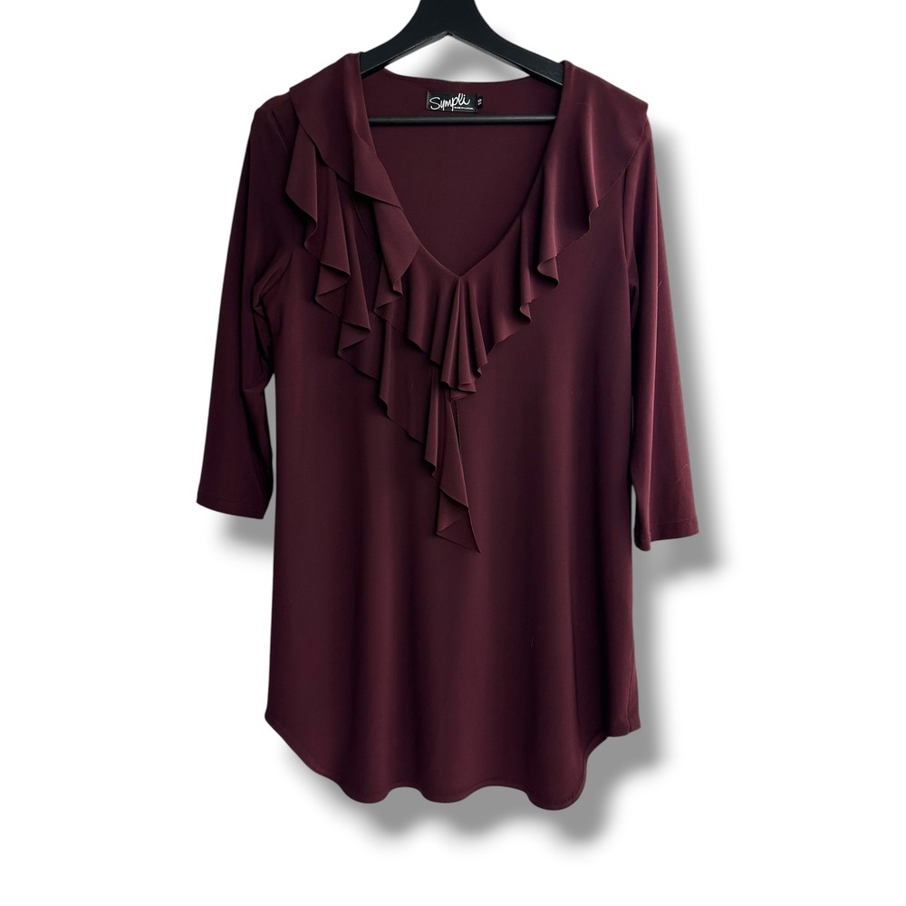 Sympli Burgundy Ruffle V-Neck Tunic Top 3/4 Sleeve Matte Jersey Size‎ 10